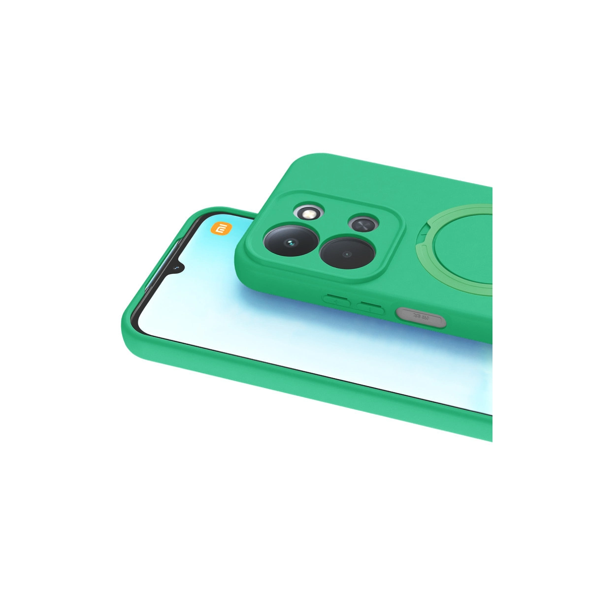 Akıllı telefonda kamera modülü ve halkası olan yeşil telefon kılıfı.