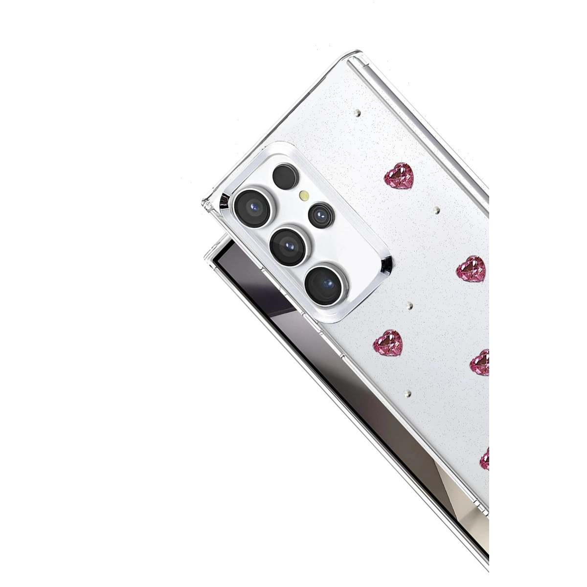 Pembe kalp ve sim detaylı şeffaf telefon kılıfı.