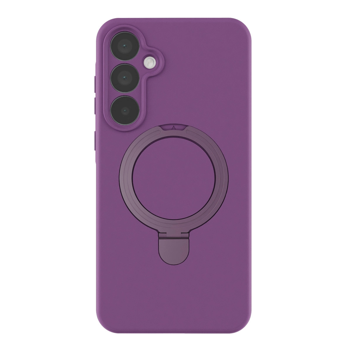 Üç kamera lensli, halka tutuculu mor telefon kılıfı.