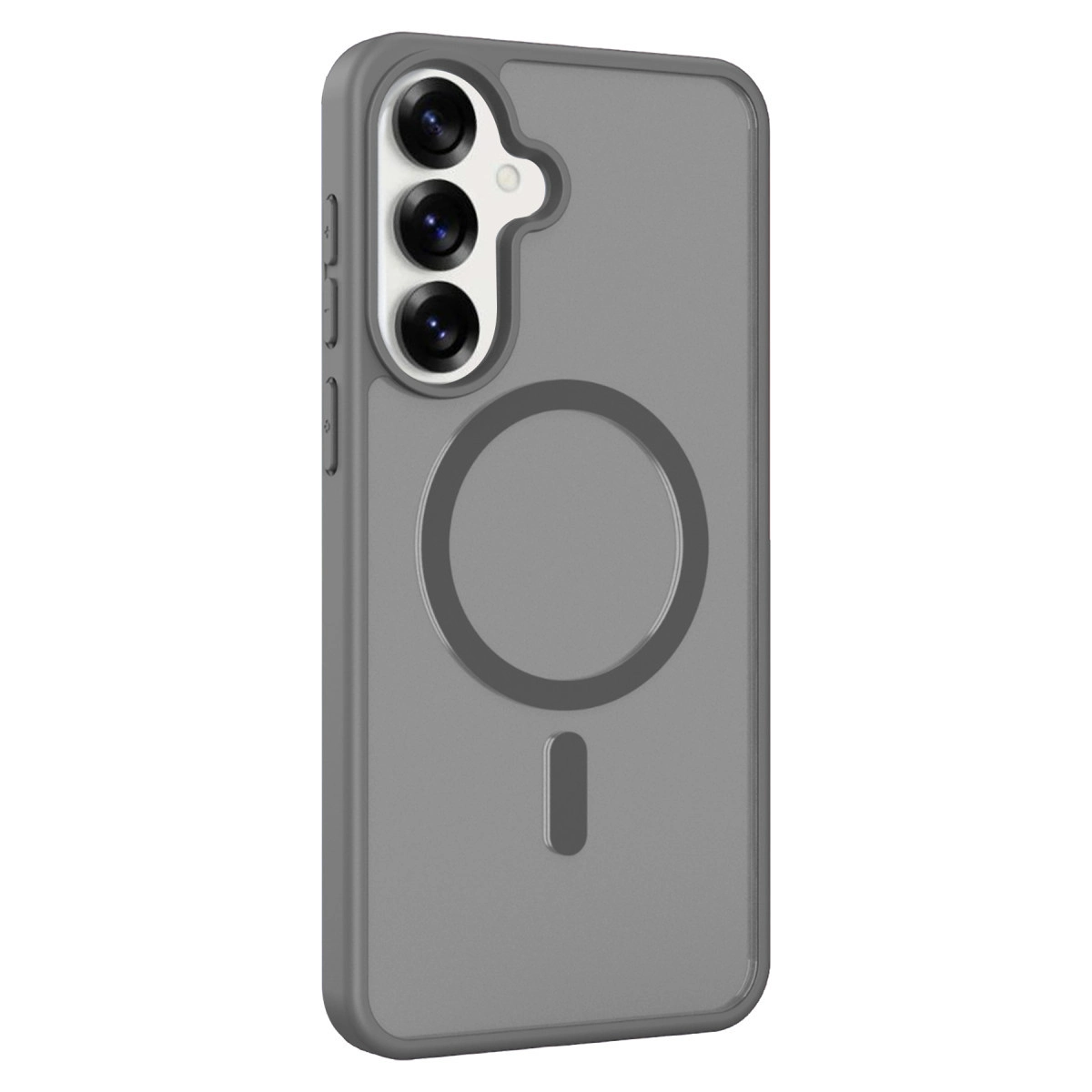 Üç kamera lensli ve dairesel manyetik halkalı gri telefon kılıfı.