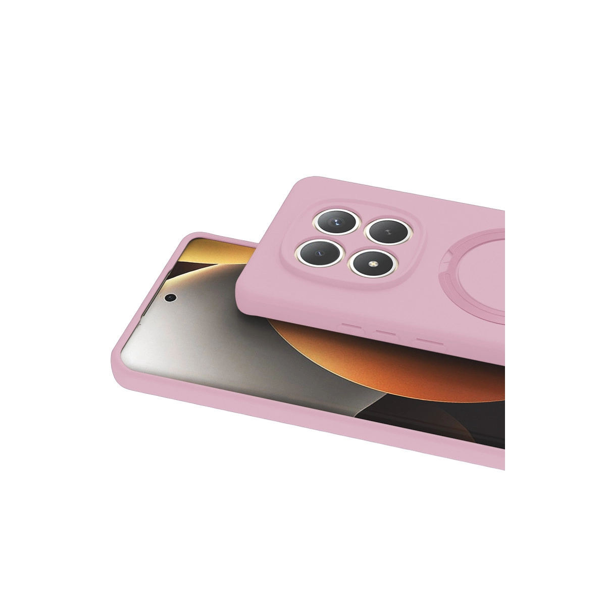 Dört kameralı ve üzerinde daire bulunan pembe telefon kılıfı.