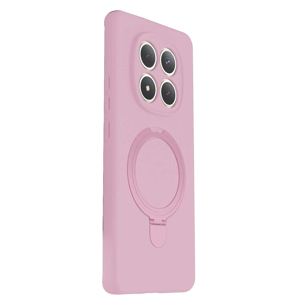 Dört kamera lensi ve halka tutuculu pembe telefon kılıfı.