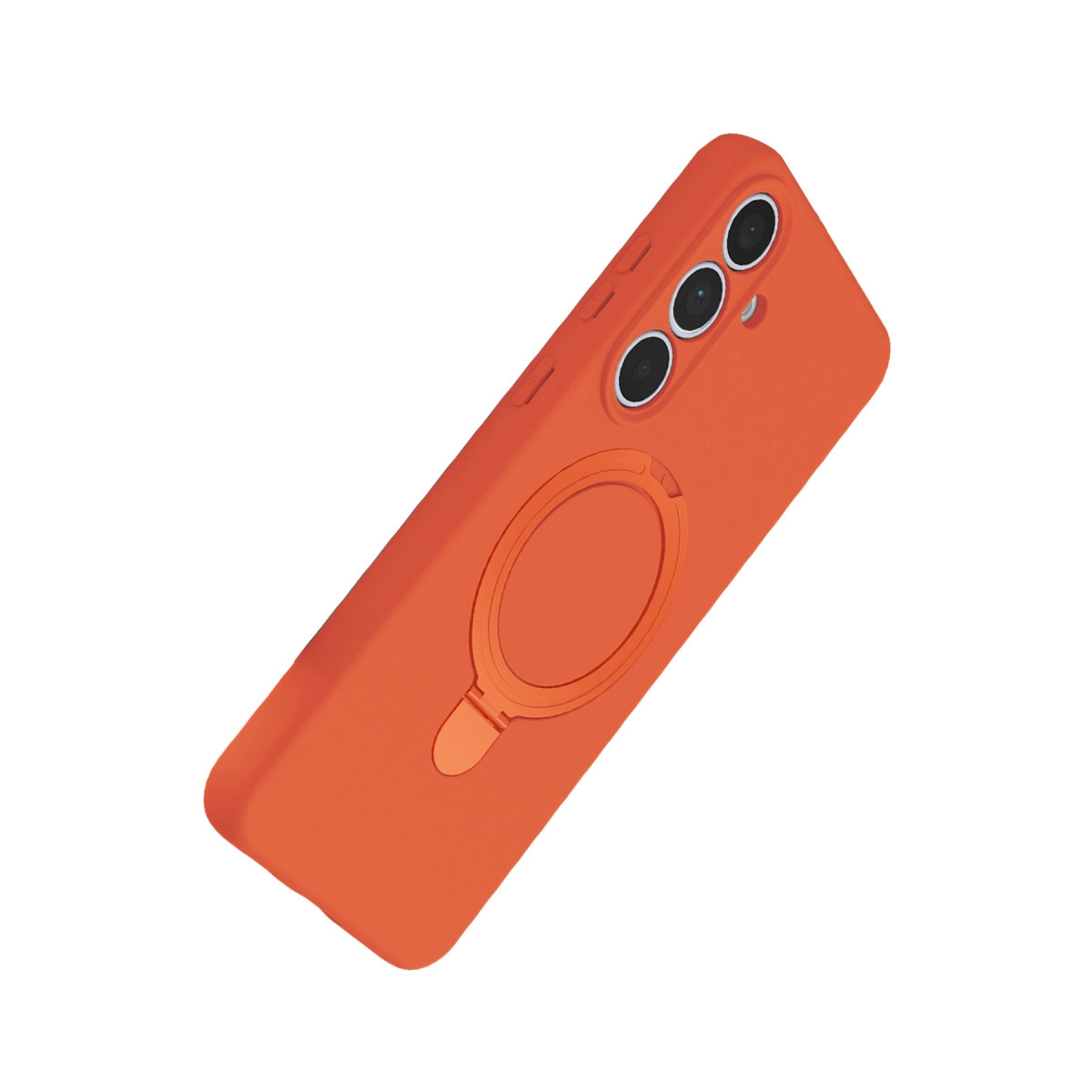 Üç kamera lensli ve entegre halka tutuculu turuncu telefon kılıfı.