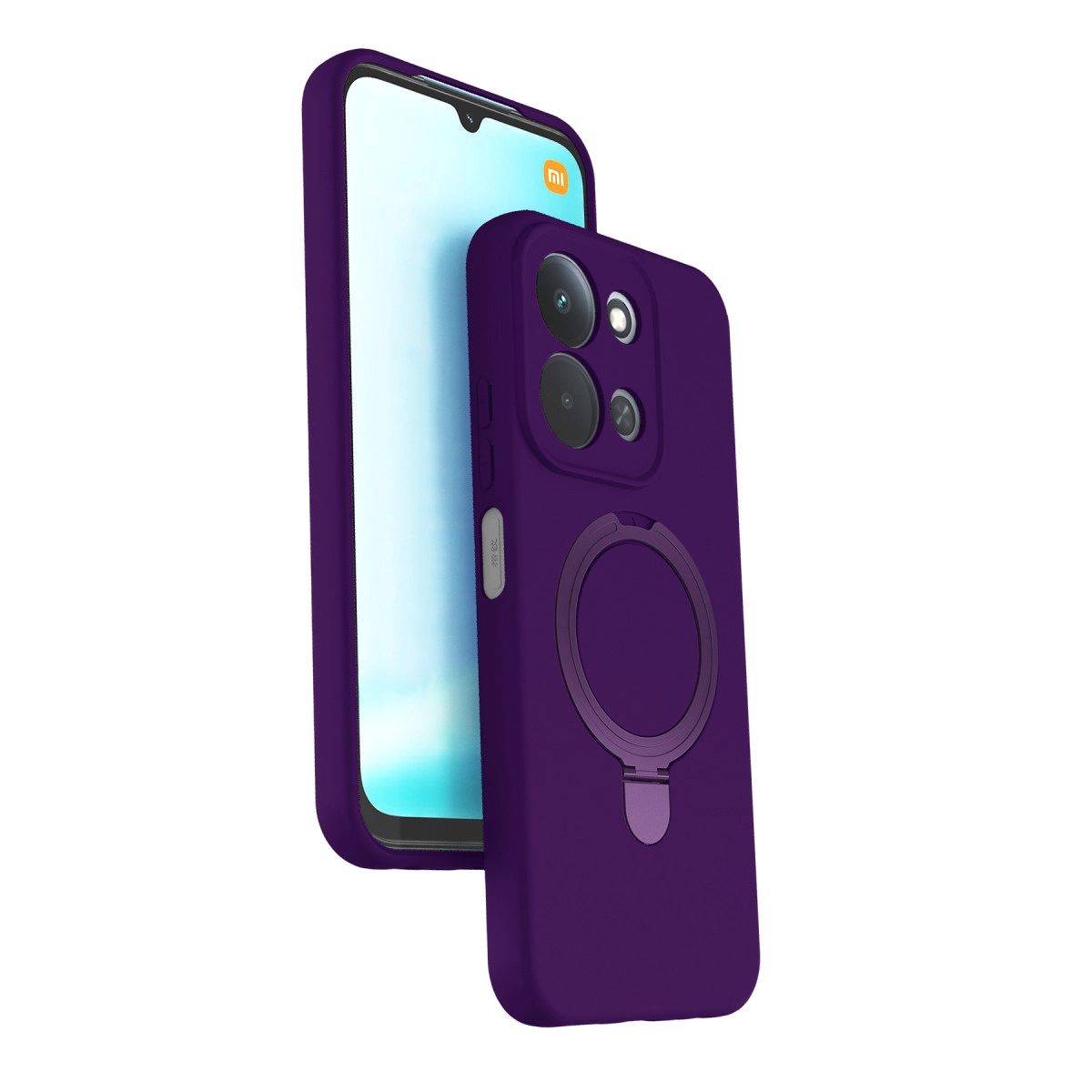 Akıllı telefonda halka tutuculu ve kamera kesimli mor telefon kılıfı.