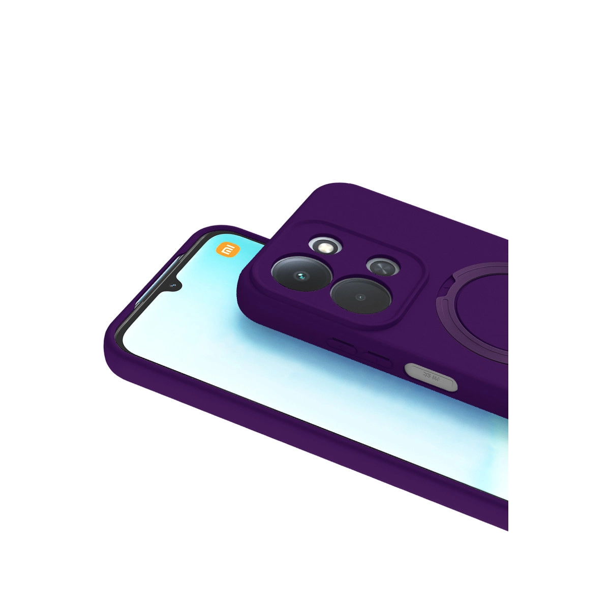 Akıllı telefonda halka tutuculu ve kamera kesimli mor telefon kılıfı.