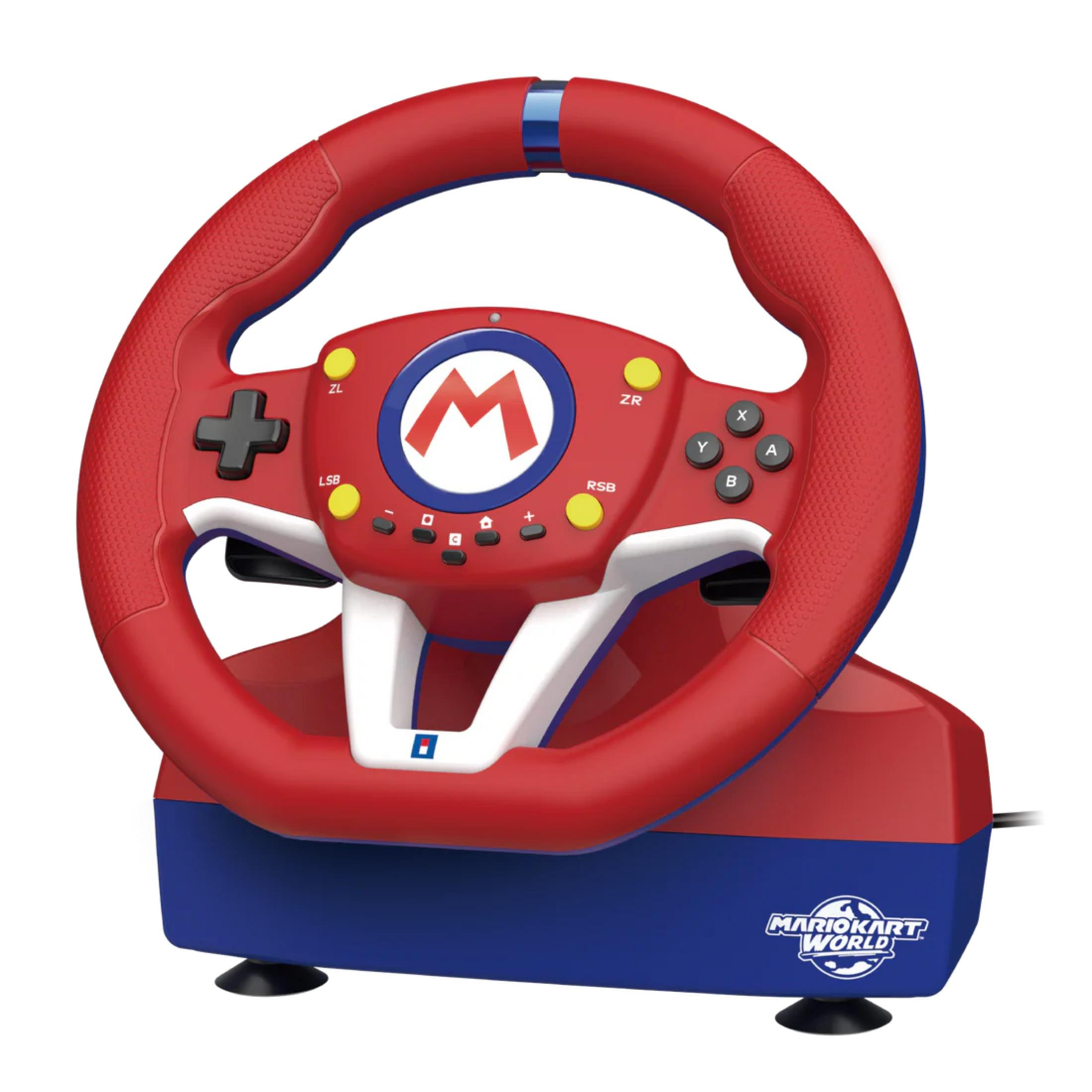 Un volante da corsa Mario Kart rosso e blu con pulsanti e logo.
