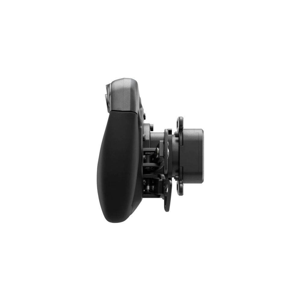 Controller da gioco nero di profilo su sfondo bianco.