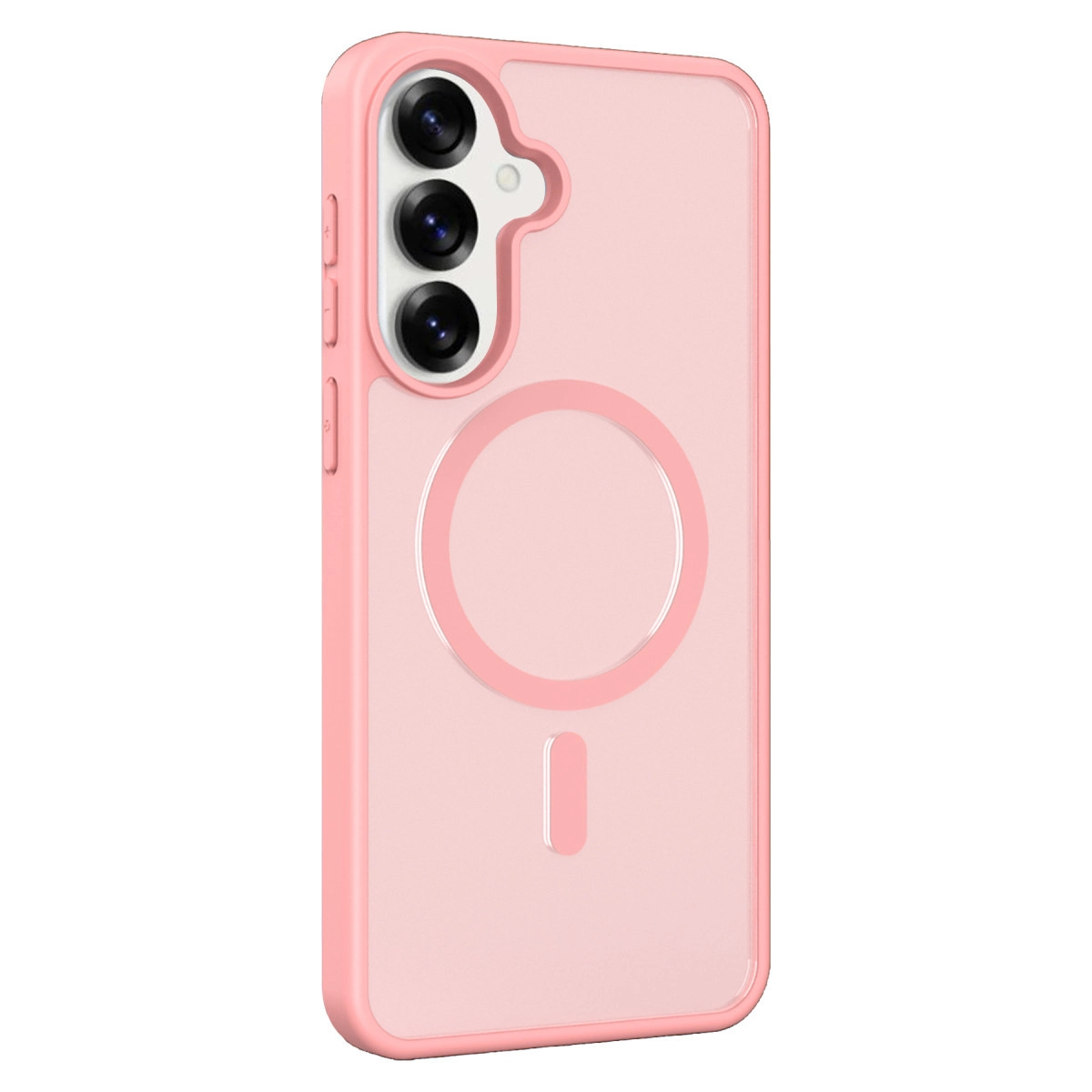 Üçlü kamera kesimli ve manyetik halkalı pembe telefon kılıfı.