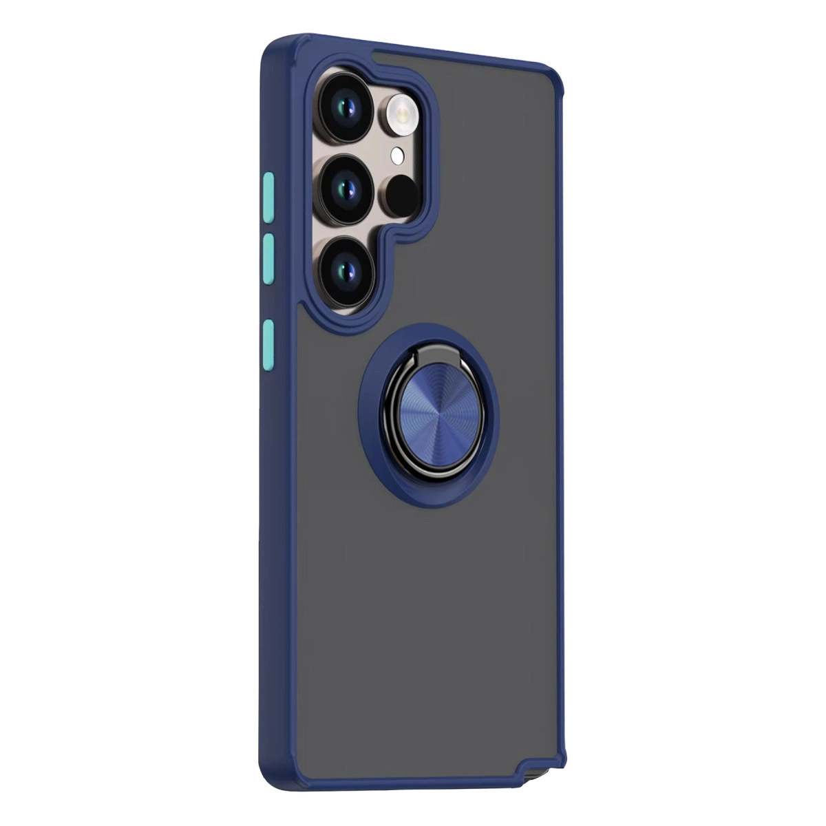 Mavi kenarlı ve halka tutuculu koyu gri telefon kılıfı. Kamera dizilimi sol üstte.