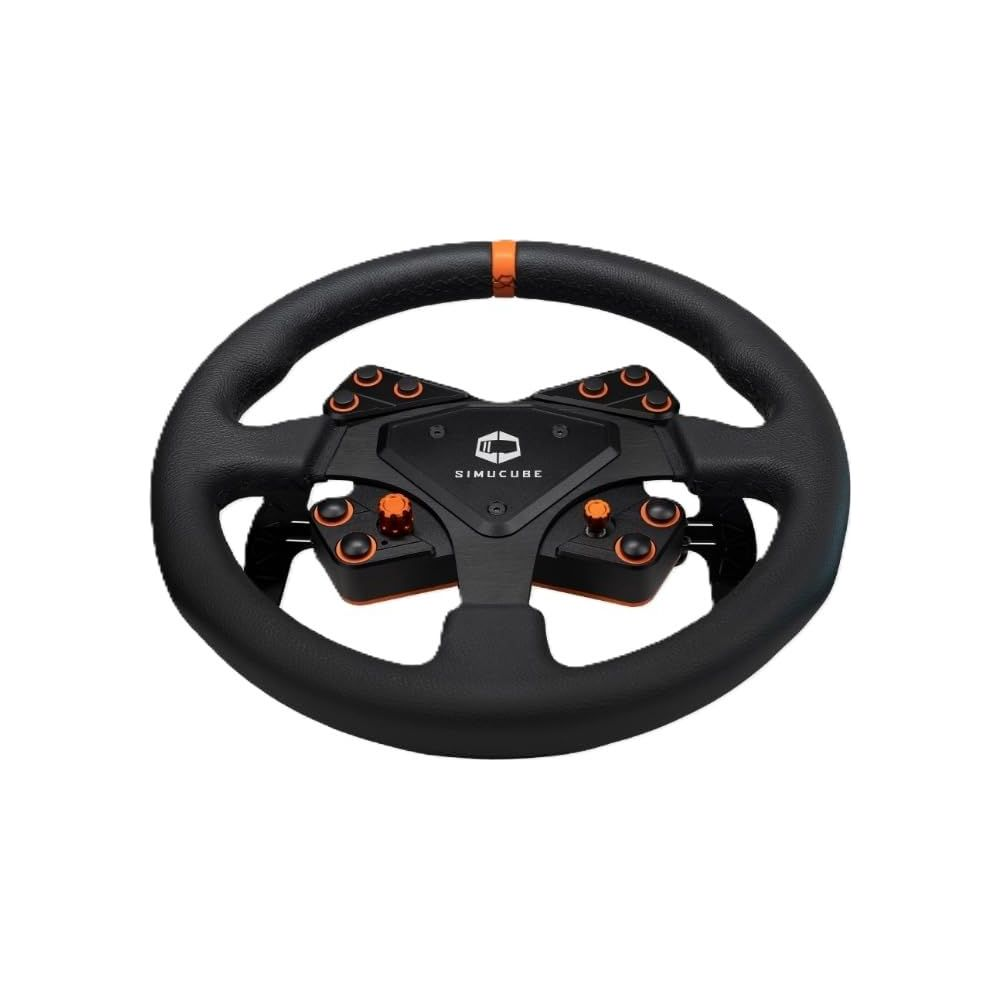 Un volante Simucube nero con accenti e pulsanti arancioni.