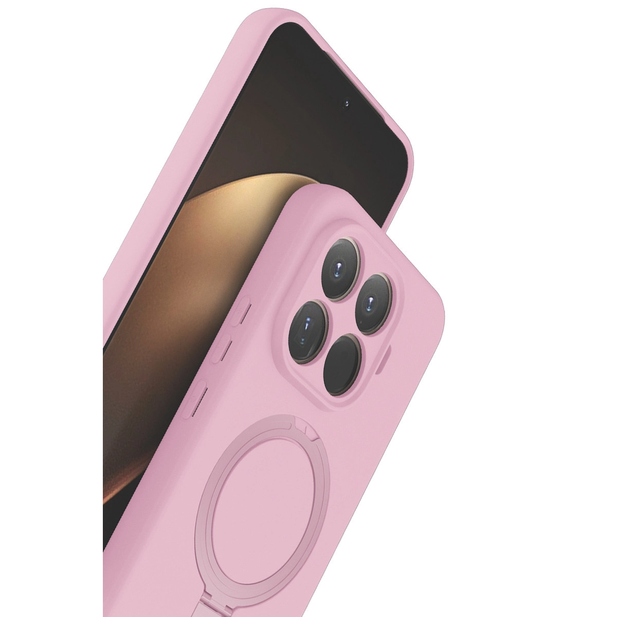 Dört kameralı ve halka tutuculu pembe telefon kılıfı.