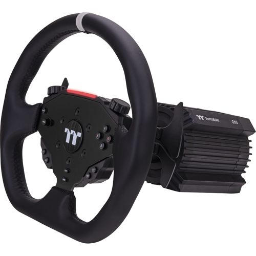 Un volante da gaming nero con pannello pulsanti e accento argentato.
