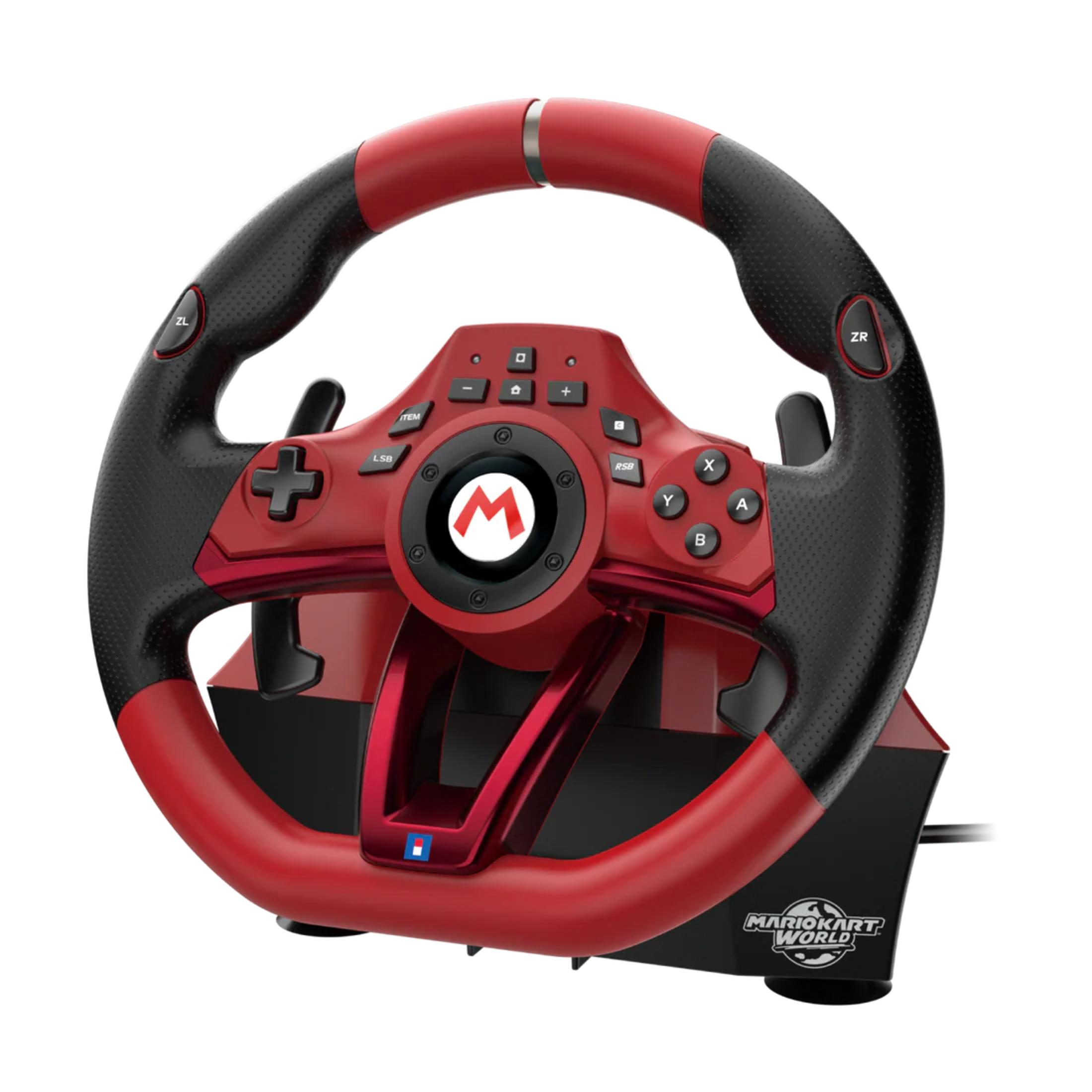 Un volante da corsa Mario Kart rosso e nero con pulsanti e logo Mario.