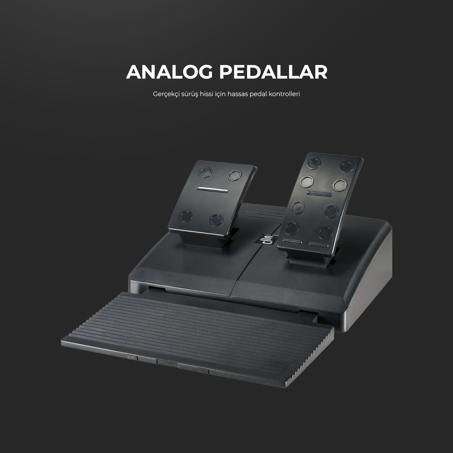Koyu arka plan üzerinde iki pedallı ve uzatılabilir ayak dayamalı siyah pedal seti.