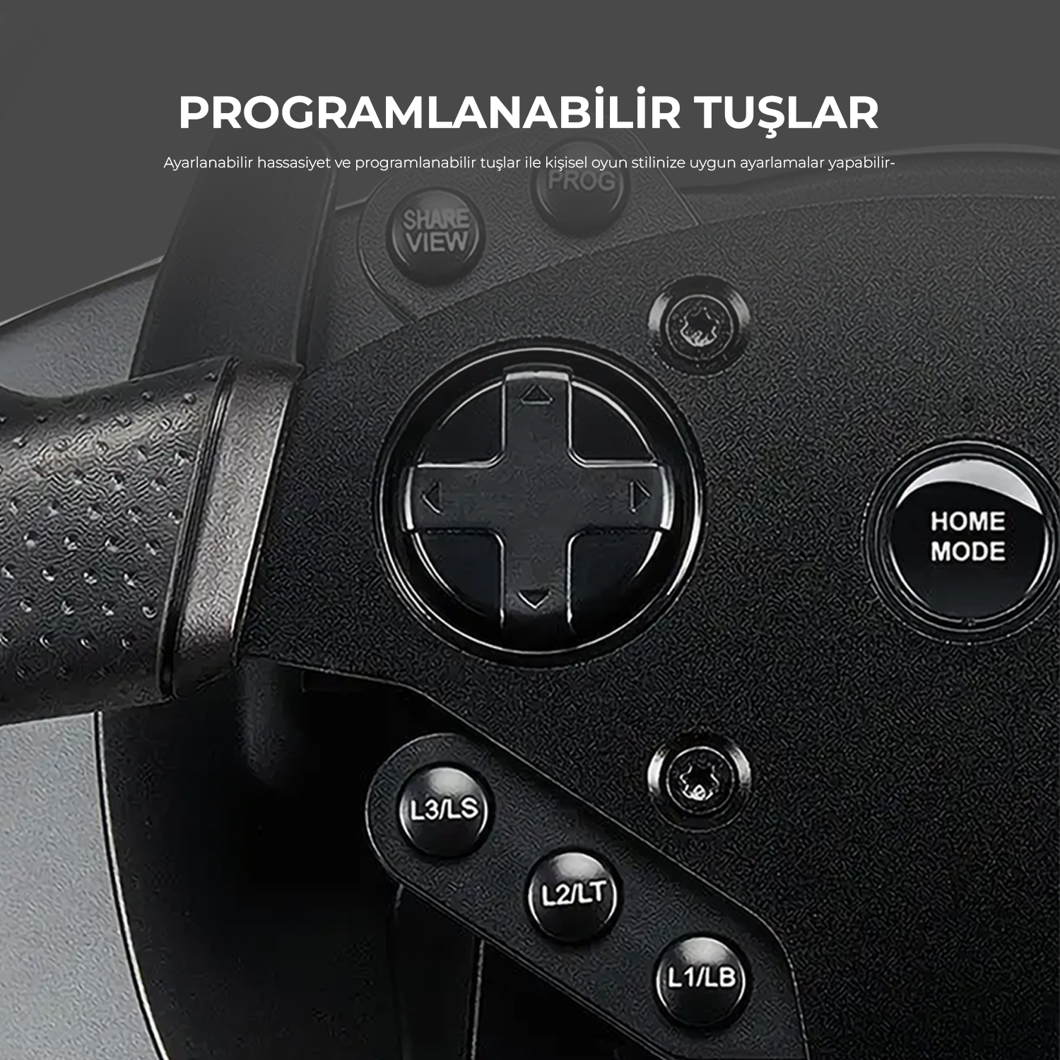 Programlanabilir 'Share', 'View', 'Home' tuşları ve yön tuş takımını gösteren siyah bir kontrol cihazı yakın çekimi.