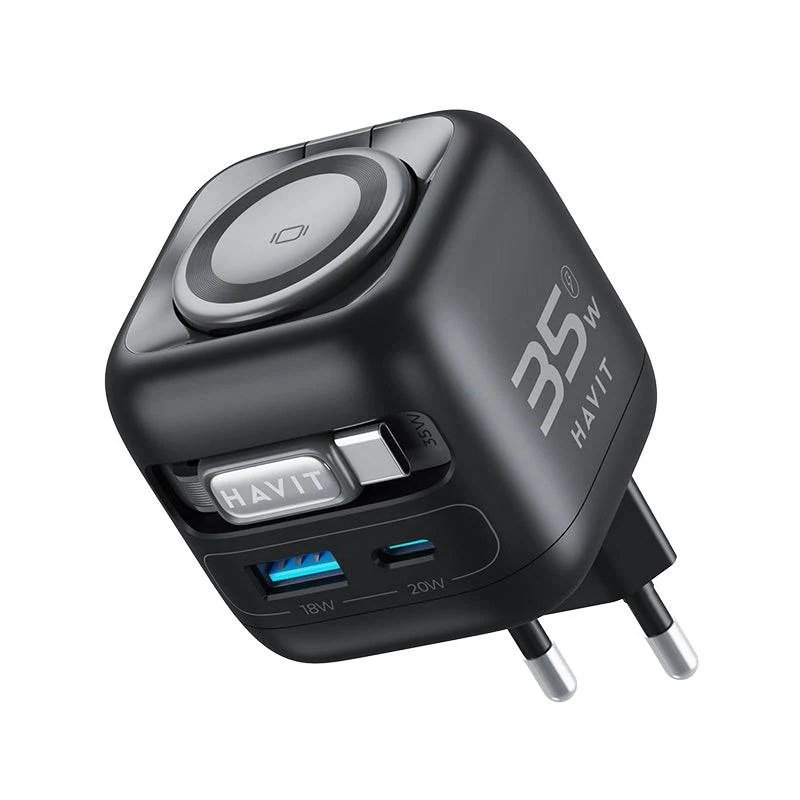 Czarna ładowarka Havit 35W z portami USB-A i USB-C oraz magnetyczną podkładką.