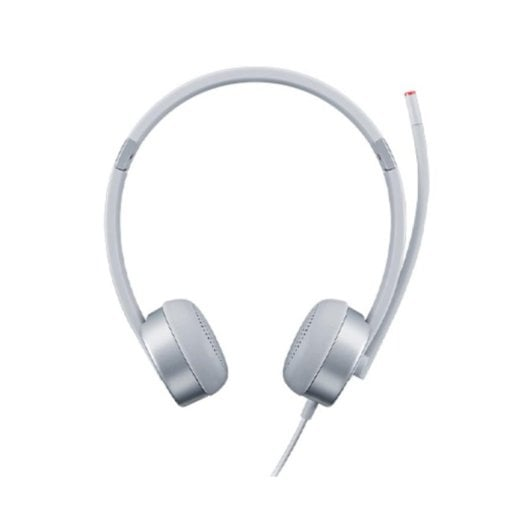 Un auricolare grigio chiaro con microfono e cavo su sfondo bianco.