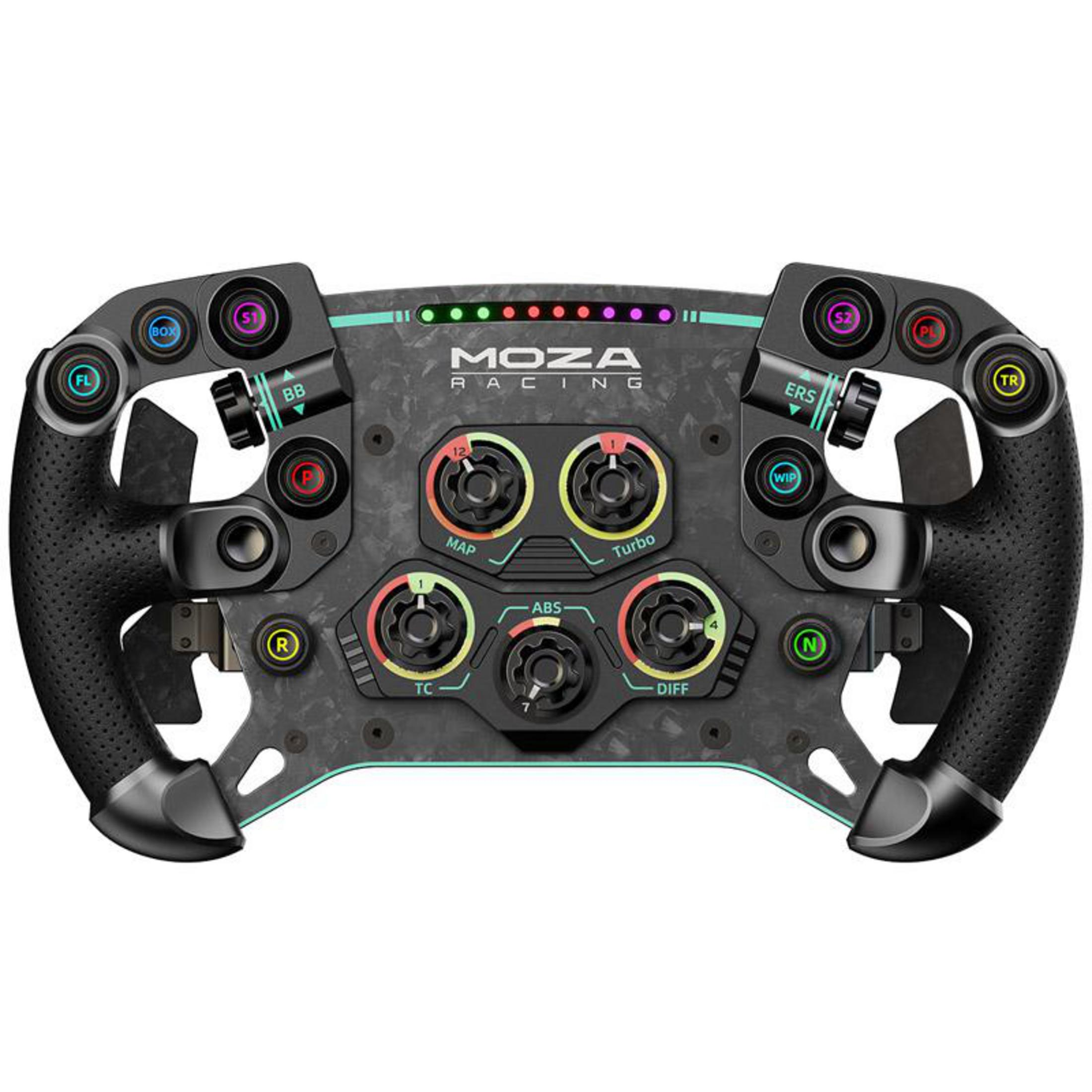 Un controller per volante da corsa nero con numerosi pulsanti e manopole.