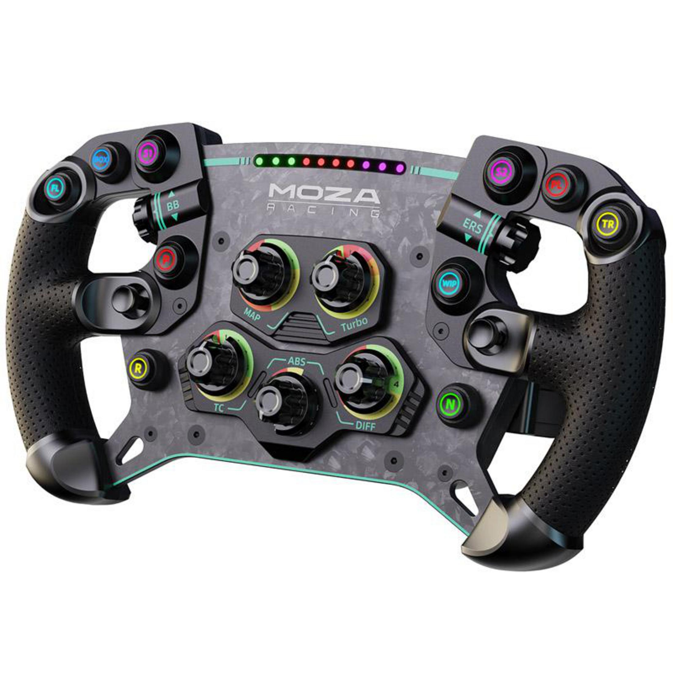 Un volante MOZA Racing nero con numerosi pulsanti e manopole rotanti.