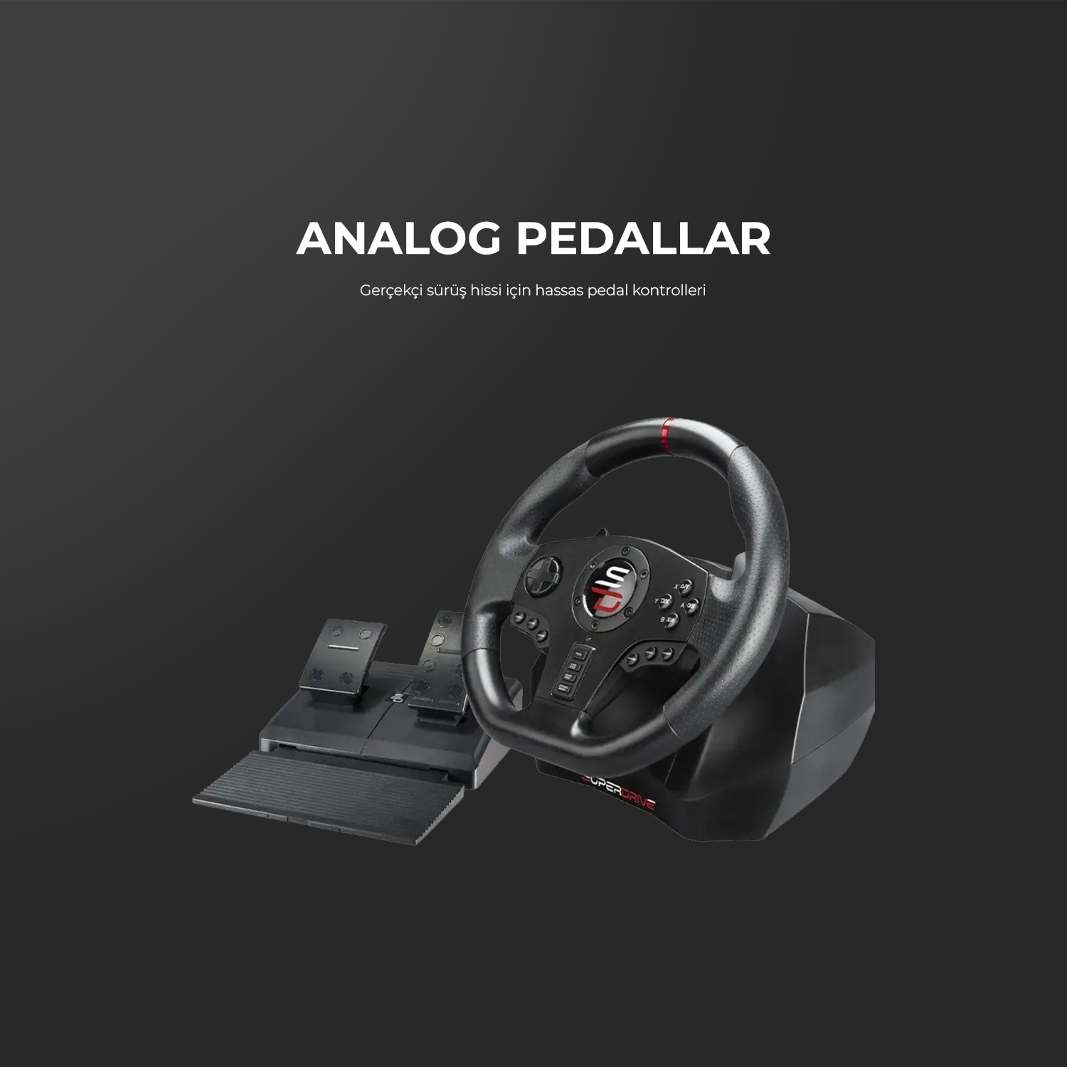 Siyah bir oyun direksiyonu ve pedal seti.