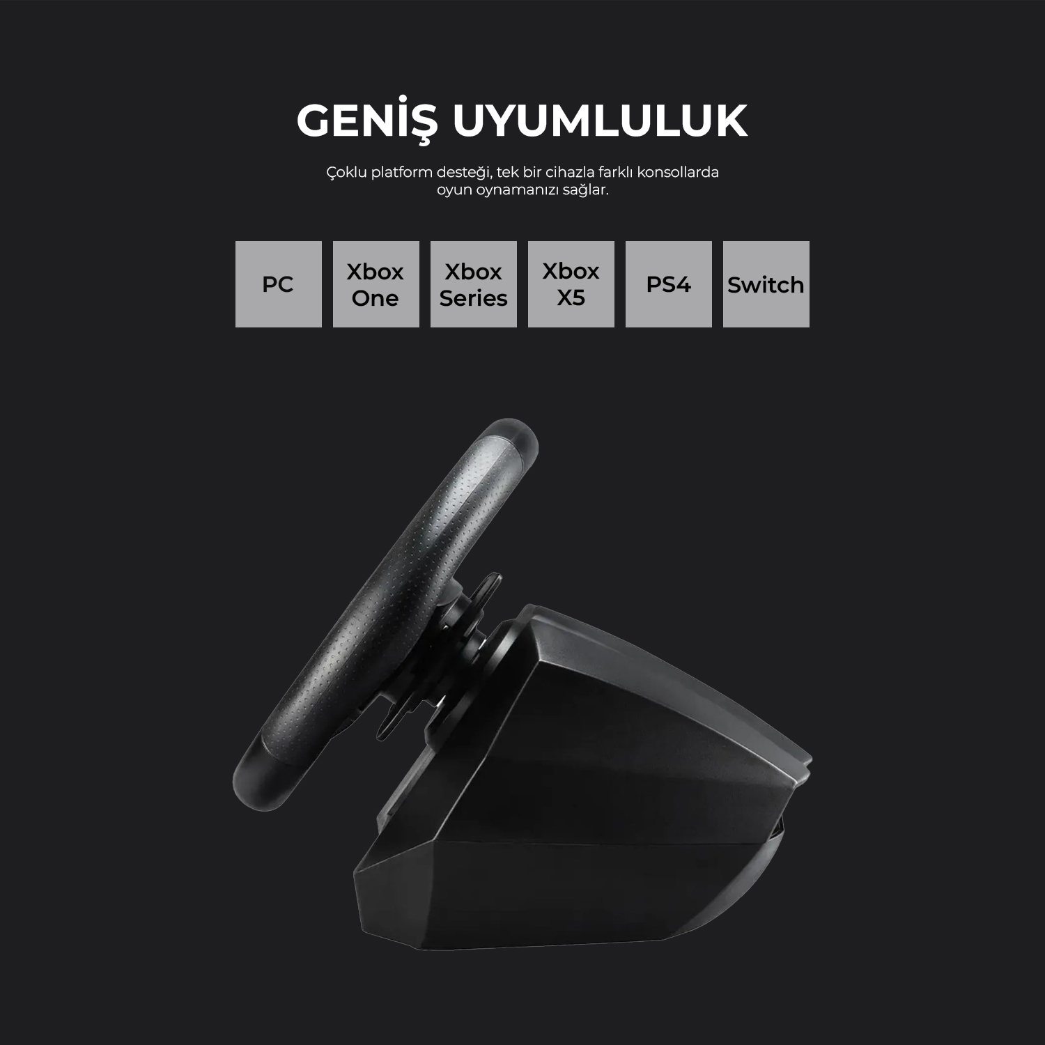 PC, Xbox, PS4 ve Switch ile uyumlu siyah yarış direksiyonu.