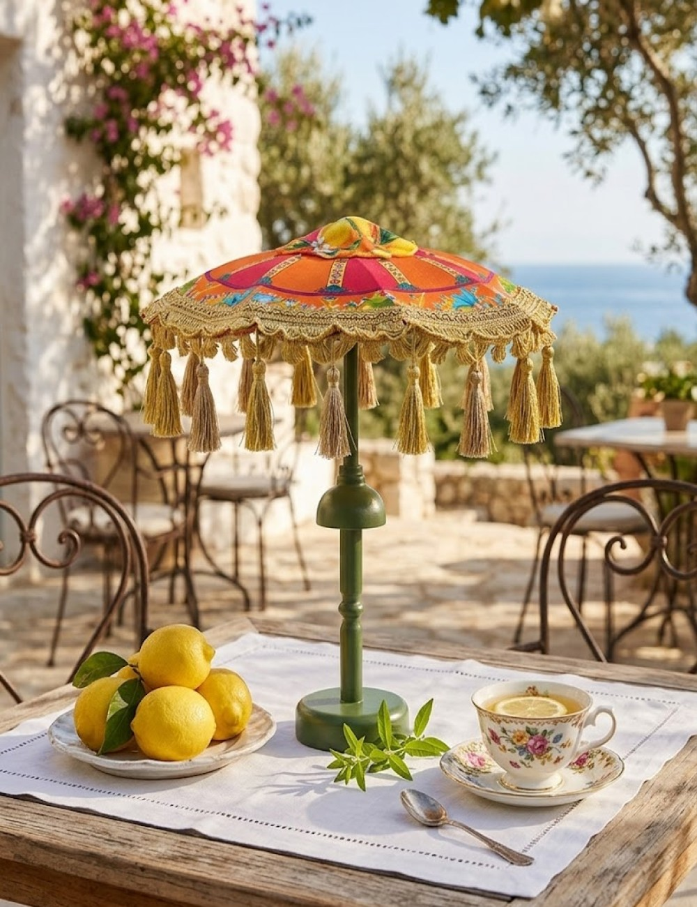 Dışarıda limonlar ve çay bulunan bir masada dekoratif şemsiye.