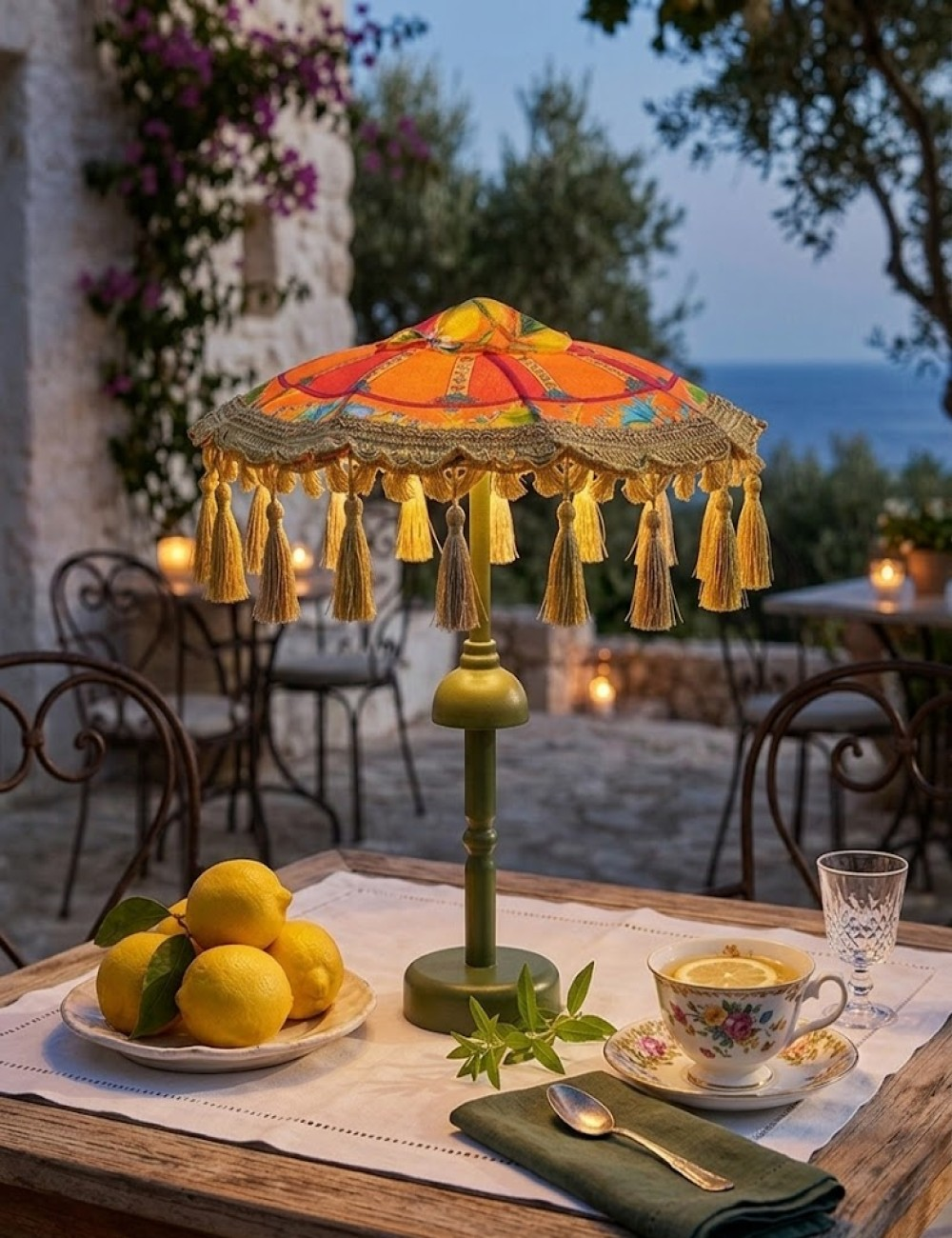 Limonlar, çay ve deniz manzaralı bir masada püsküllü renkli lamba.