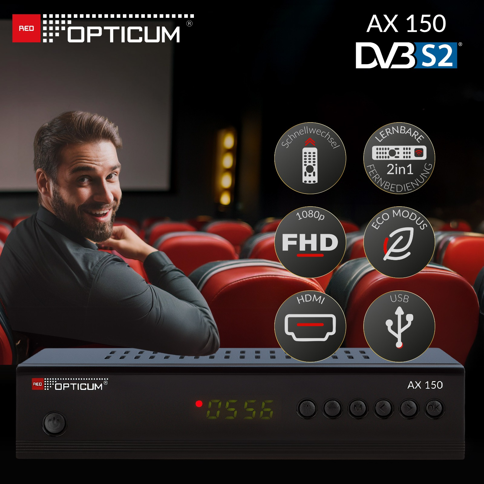 Mann im Kino mit Receiver. Icons zeigen DVB S2, 1080p FHD, HDMI, USB.