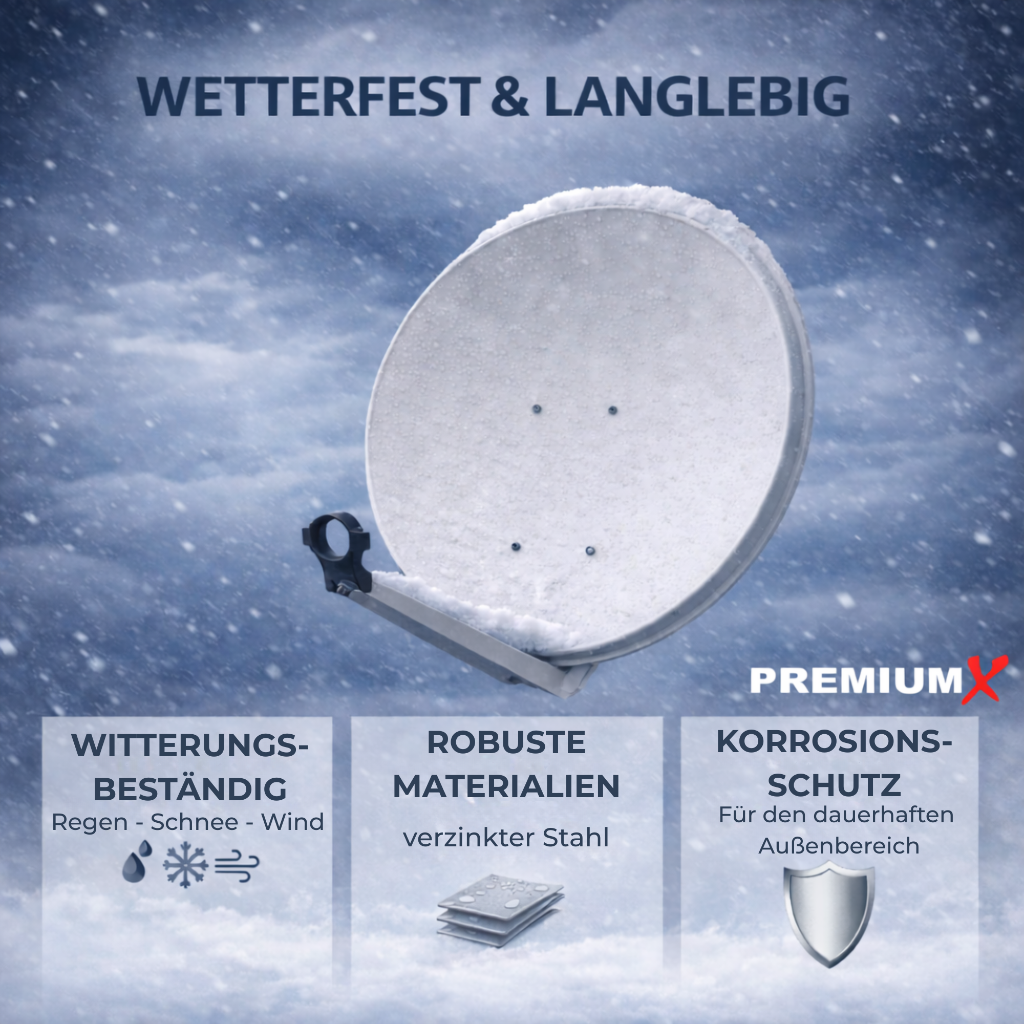 Eine Satellitenschüssel mit Schnee bedeckt, "Wetterfest & Langlebig" "Premium".