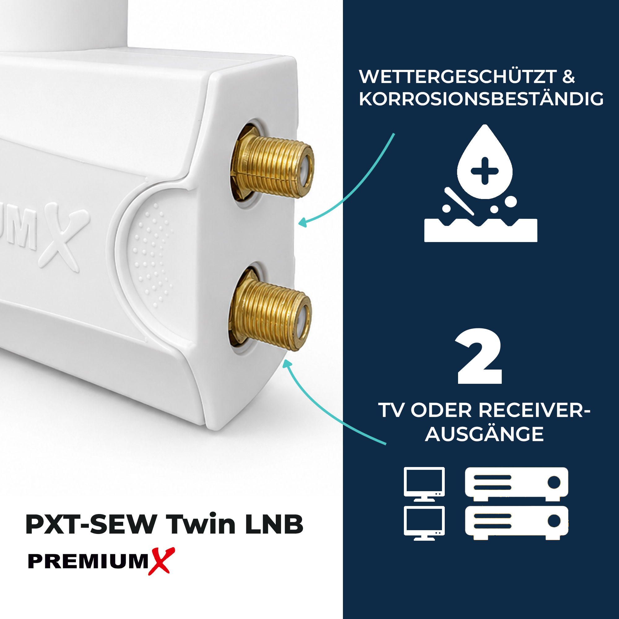 Weißer LNB mit zwei goldenen Anschlüssen, wetterfest und korrosionsbeständig.