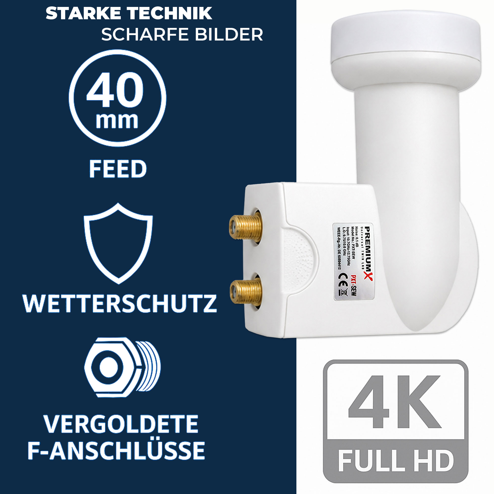 Ein weißer LNB mit vergoldeten Anschlüssen und 4K FULL HD Logo.