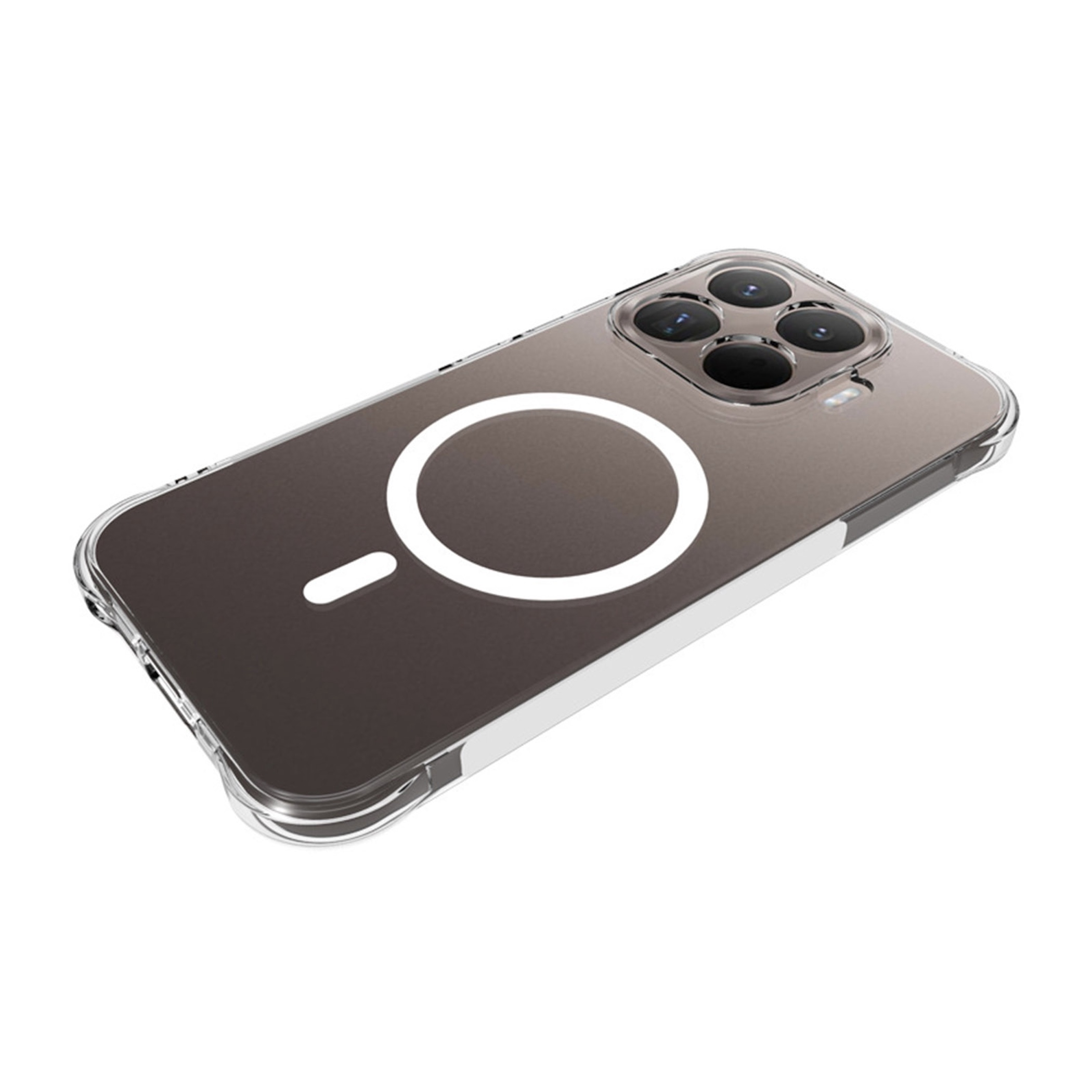 Funda transparente para smartphone con tres lentes de cámara y anillo magnético.