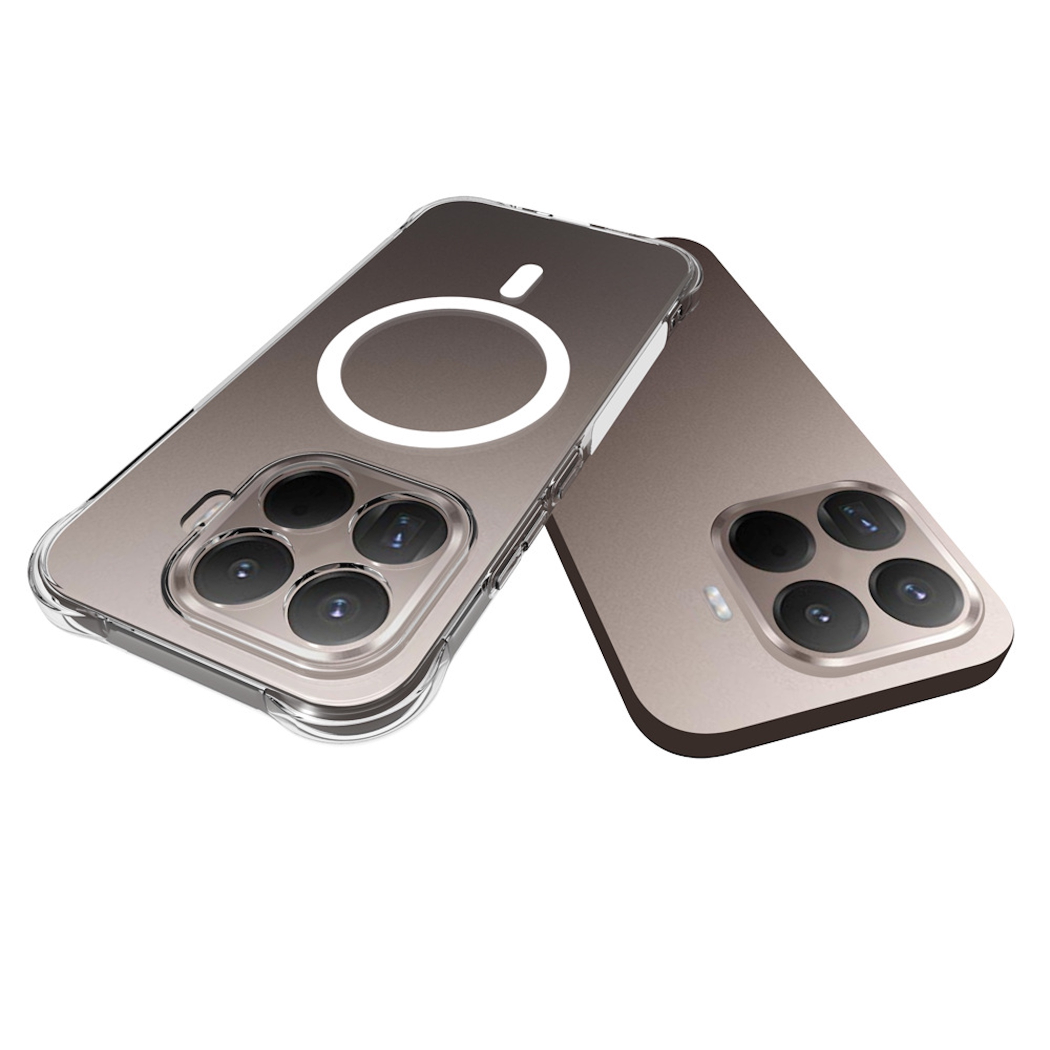 Dos fundas transparentes para móvil con anillo MagSafe y módulo de cámara.
