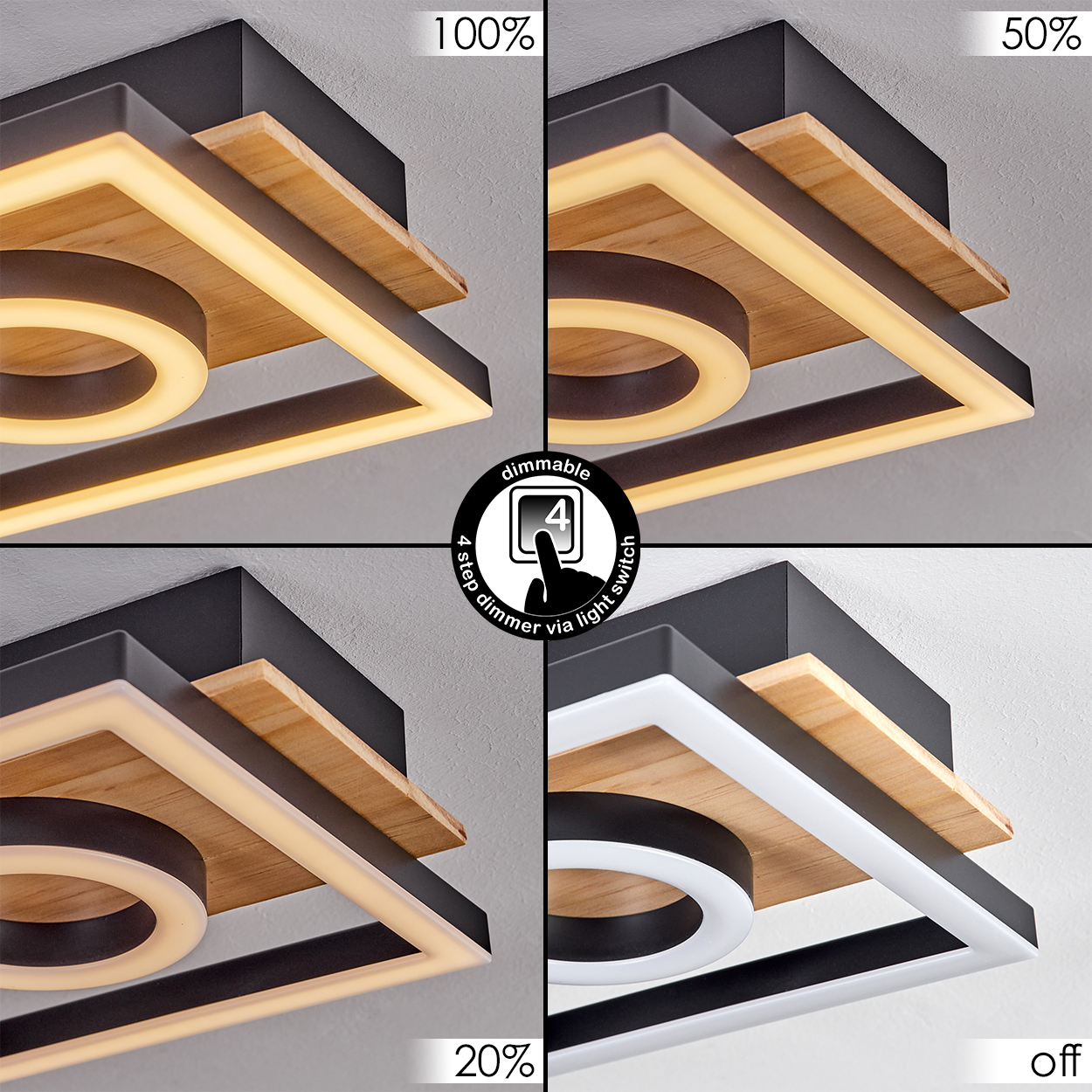 Moderne Lampe in vier Helligkeitsstufen: 100%, 50%, 20%, aus.
