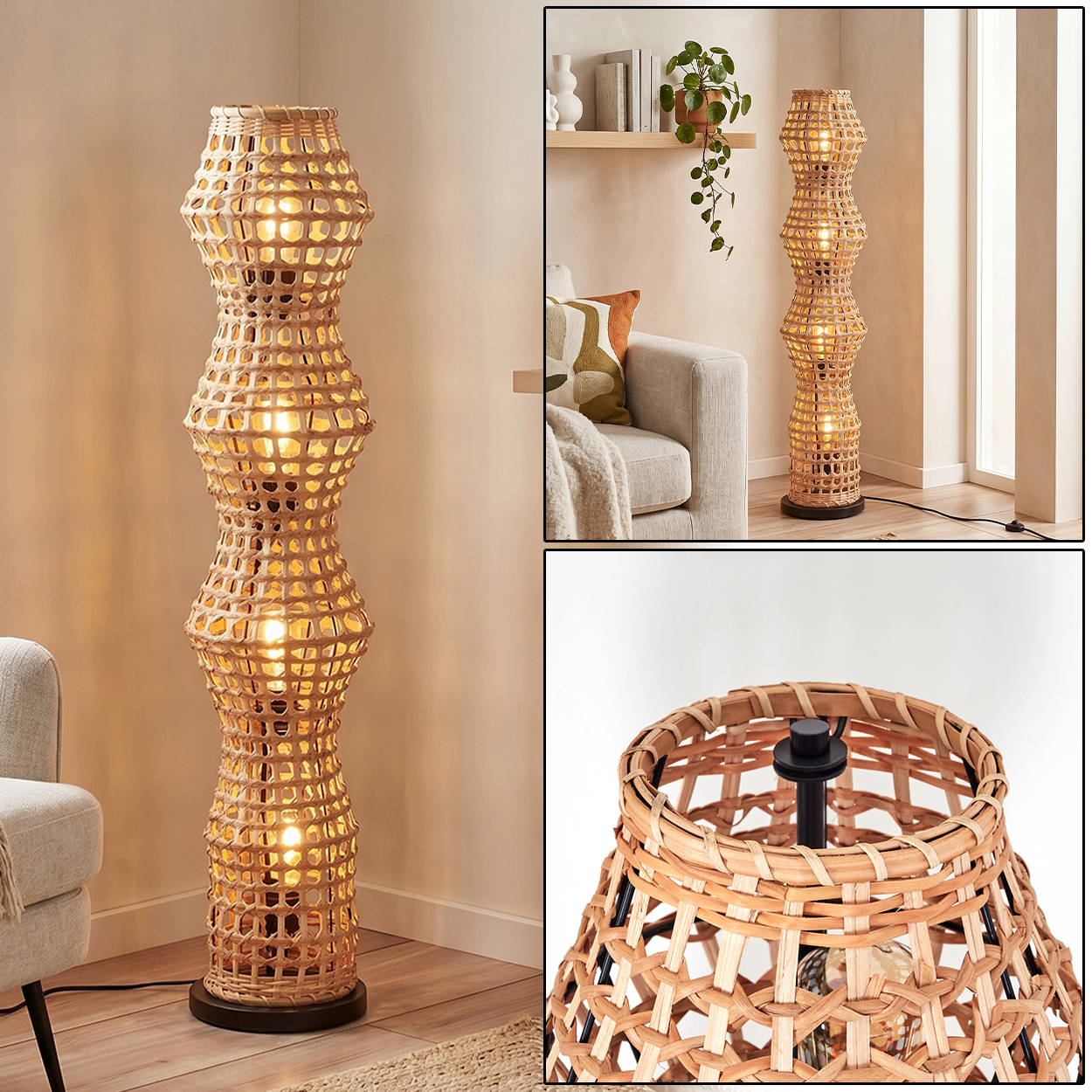 Eine hohe, geflochtene Stehleuchte aus Rattan mit mehreren Aussparungen.
