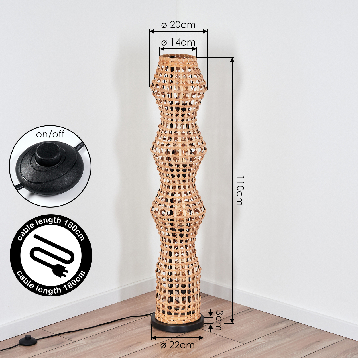 Geflochtene Bambus-Stehlampe, 110cm hoch, mit Fußschalter u. 180cm Kabel.