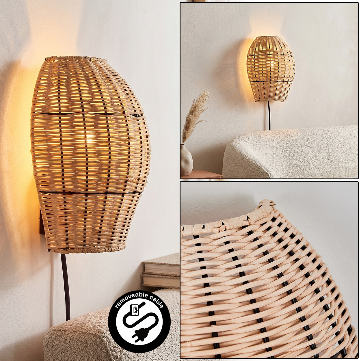 Ein geflochtener Lampenschirm aus Rattan beleuchtet eine Wand. Nahaufnahme zeigt Details.