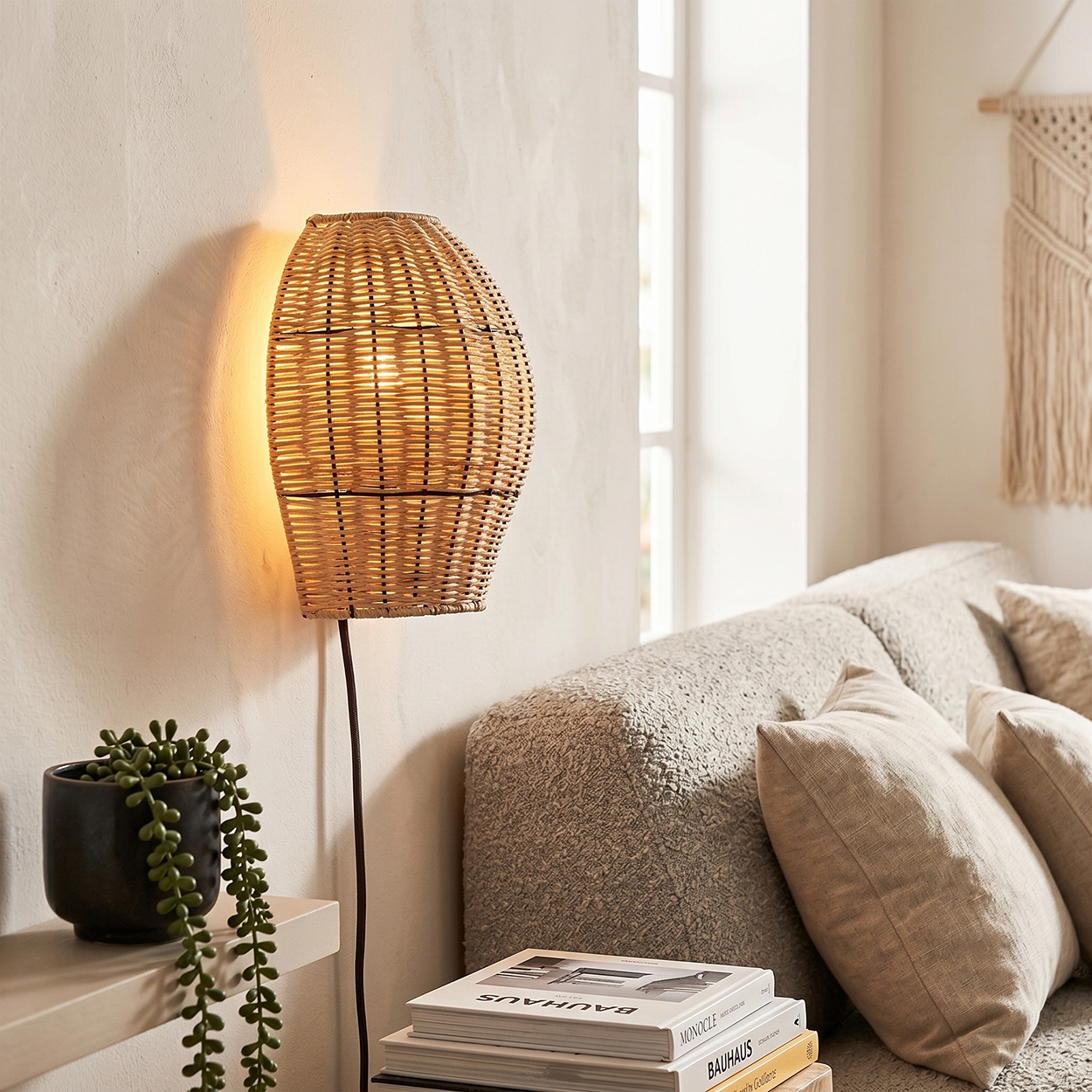 Ein Weidenkorb-Wandlicht leuchtet neben einem Sofa mit Kissen.