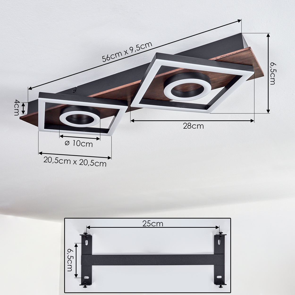 Moderne Deckenleuchte mit Holzdetails, zwei quadratischen Leuchten mit Ringen.