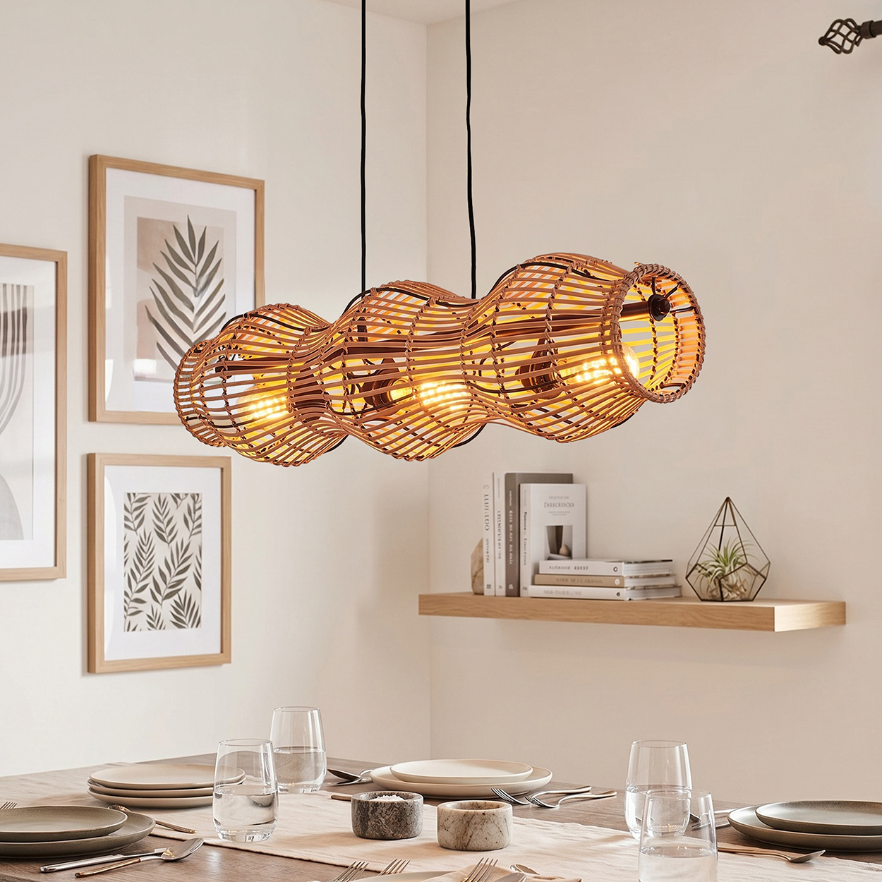 Ein geschwungener Rattan-Kronleuchter über einem gedeckten Tisch mit Tellern und Gläsern.