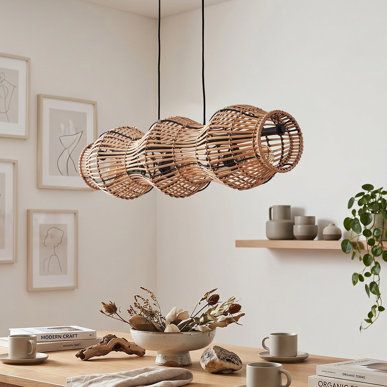 Ein hängendes Rattanlicht über einem Holztisch mit Dekorationen.