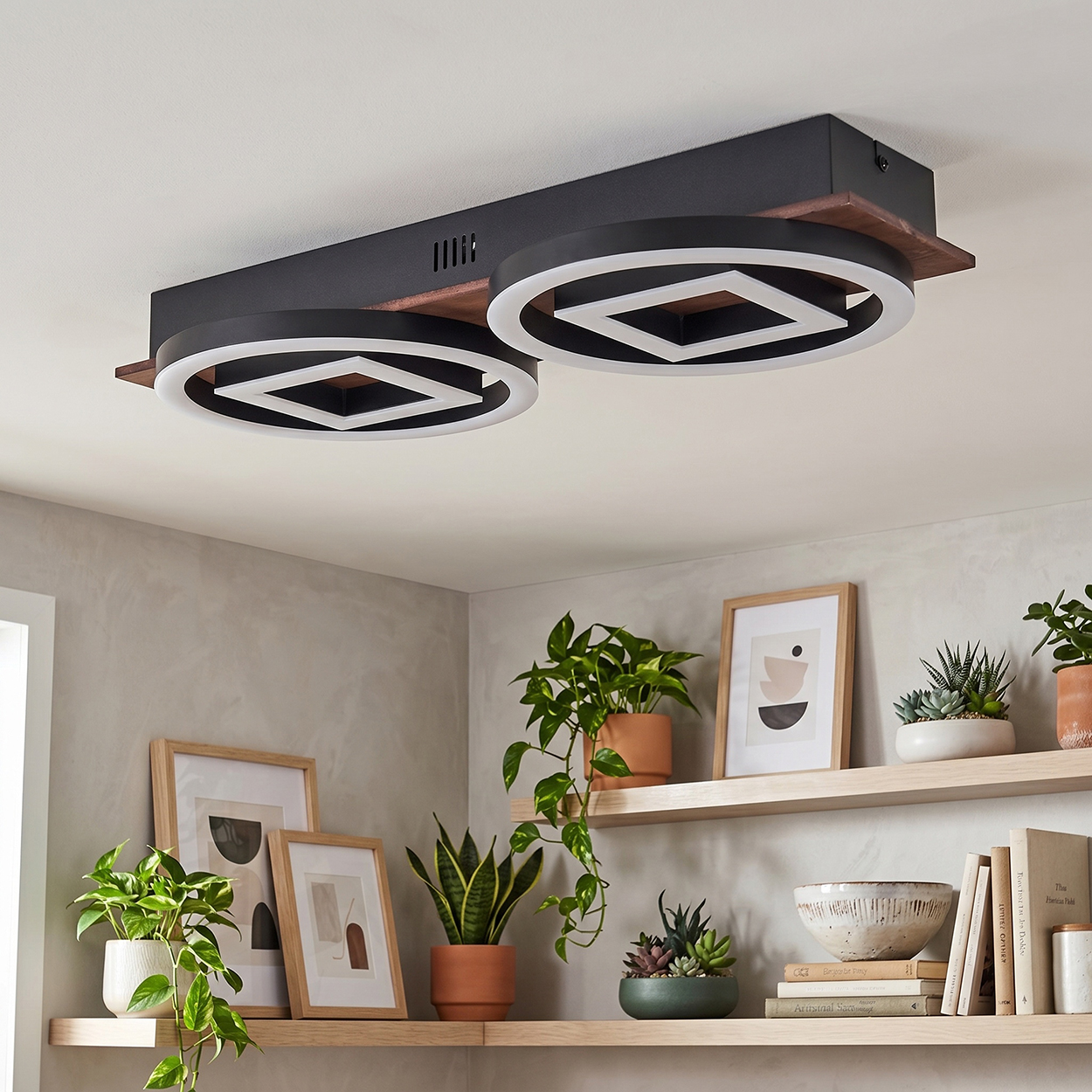 Moderne Deckenleuchte mit zwei schwarzen Ringen und weißen LEDs, über Regalen mit Pflanzen und Kunst.