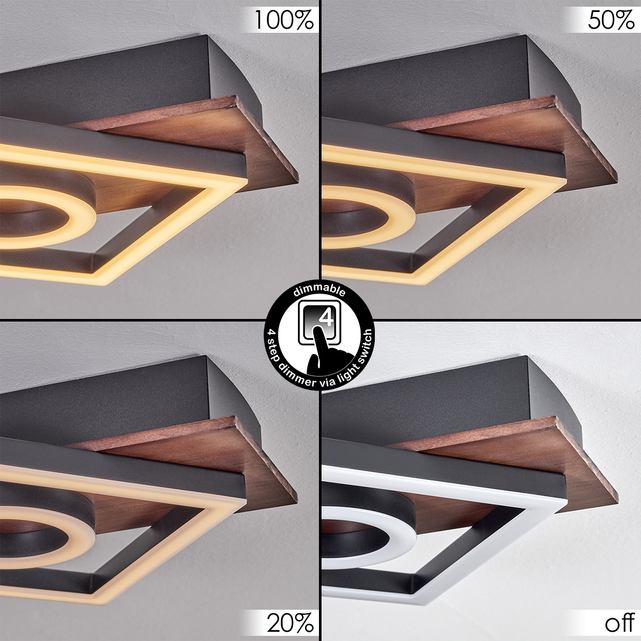Moderne Lampe in vier Helligkeitsstufen: 100%, 50%, 20%, aus.
