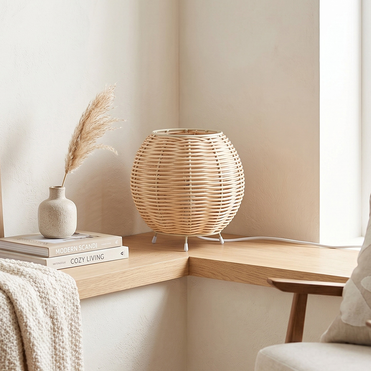 Ein runder Weidenkorb-Tischlampe steht auf einem Holzregal neben einem Vase mit getrockneten Gräsern.