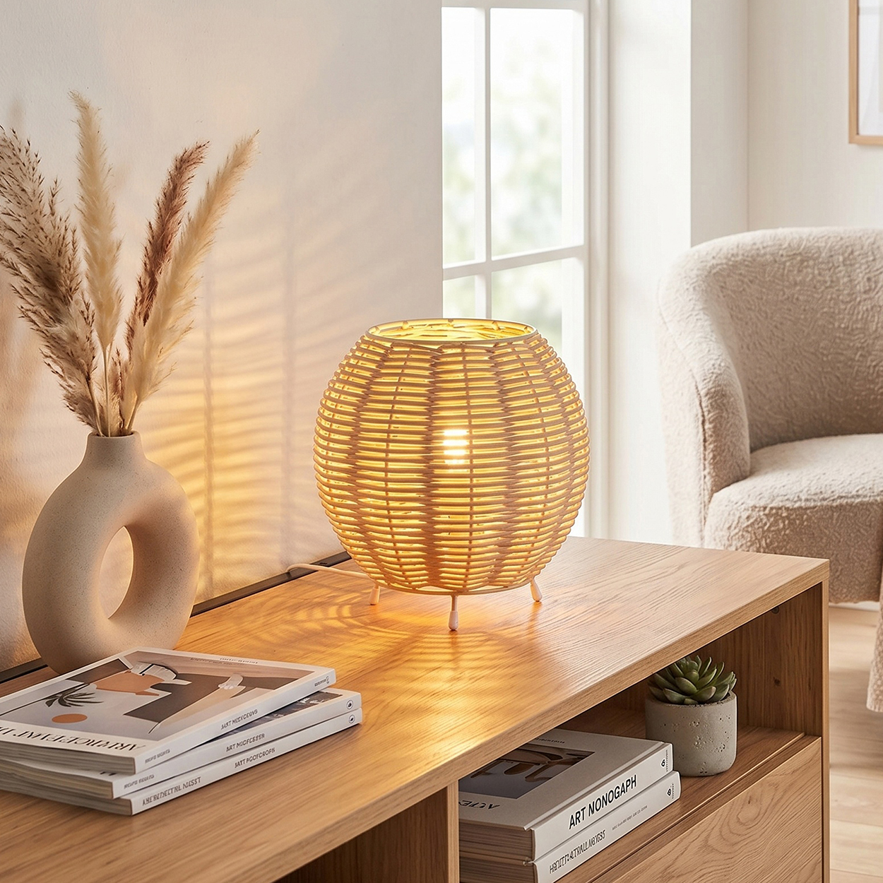 Ein runder Korbtisch mit Lampe, Vase mit Schilf und Büchern.