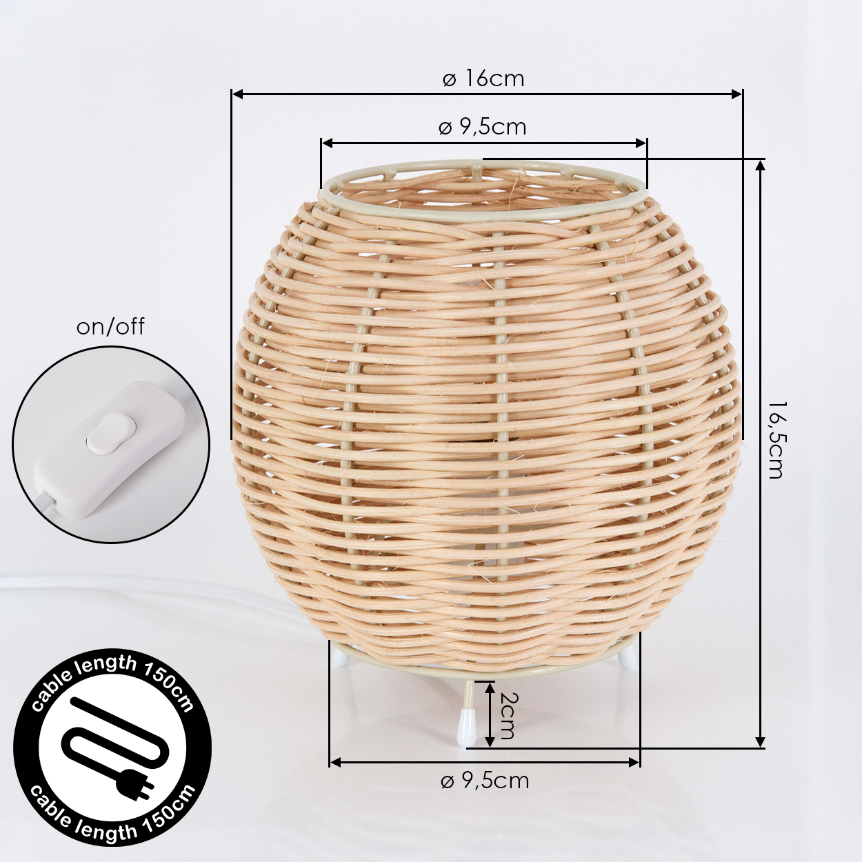 Eine naturfarbene Weidenlampe mit Maßen und einem Ein-/Ausschalter.