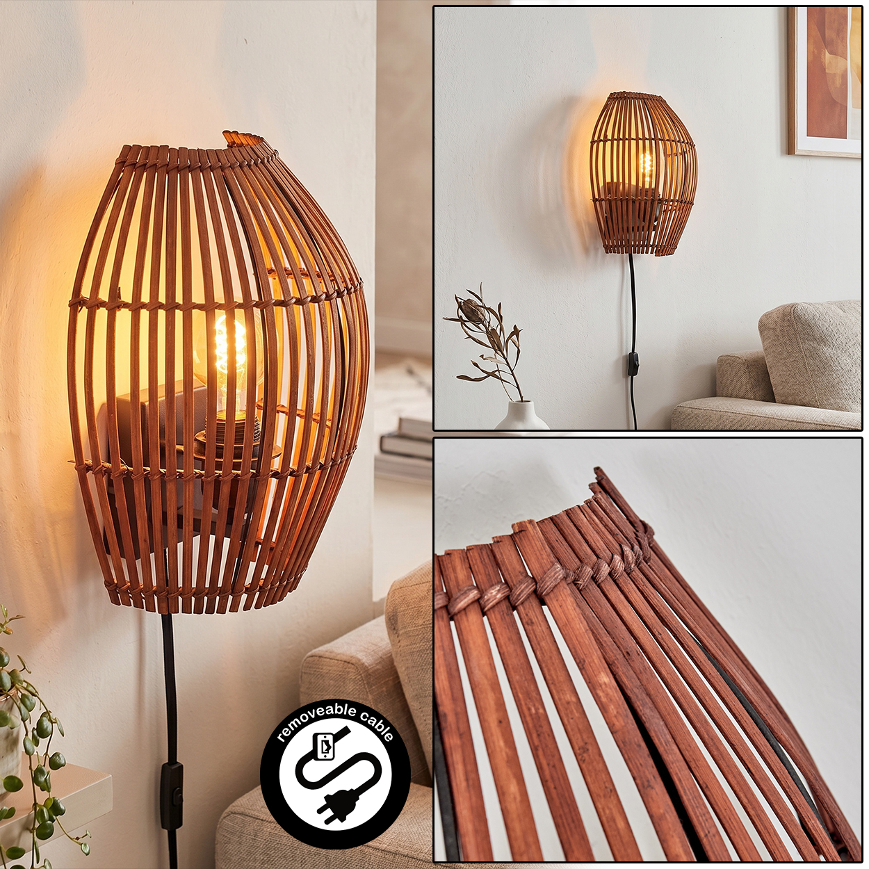 Braune Weidenkorb-Wandleuchte mit Glühbirne, Kabel und Schalter.