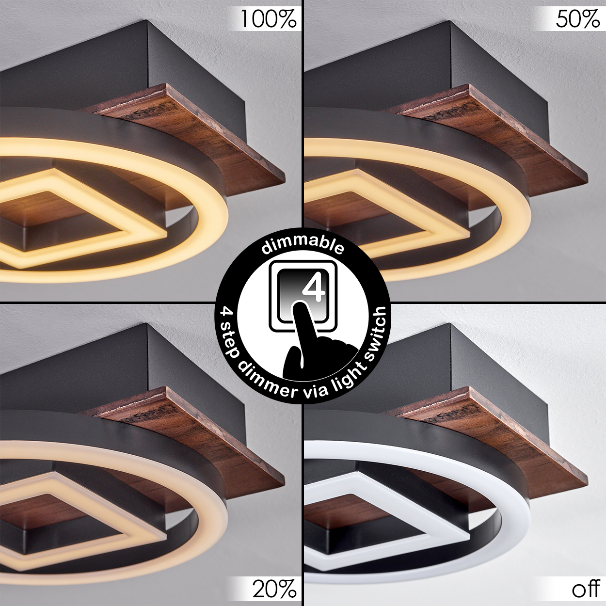 Moderne Lampe in vier Helligkeitsstufen: 100%, 50%, 20% und aus.