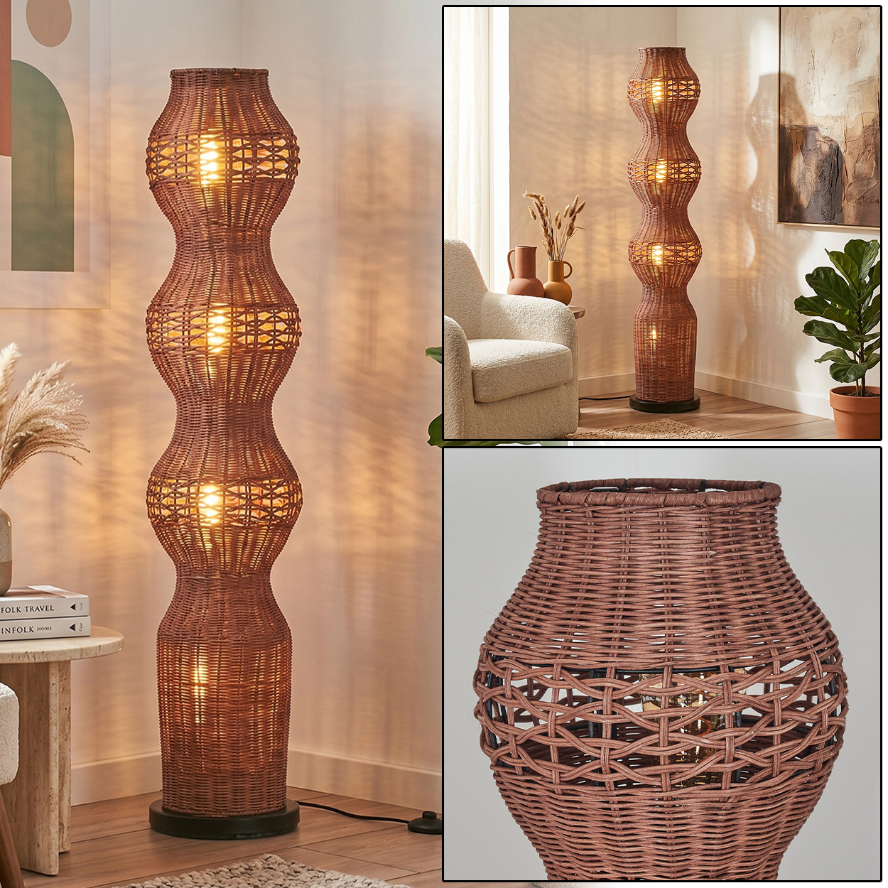 Braune Korbständerlampe mit drei Glühbirnen, beleuchtet, in einem Wohnzimmer.