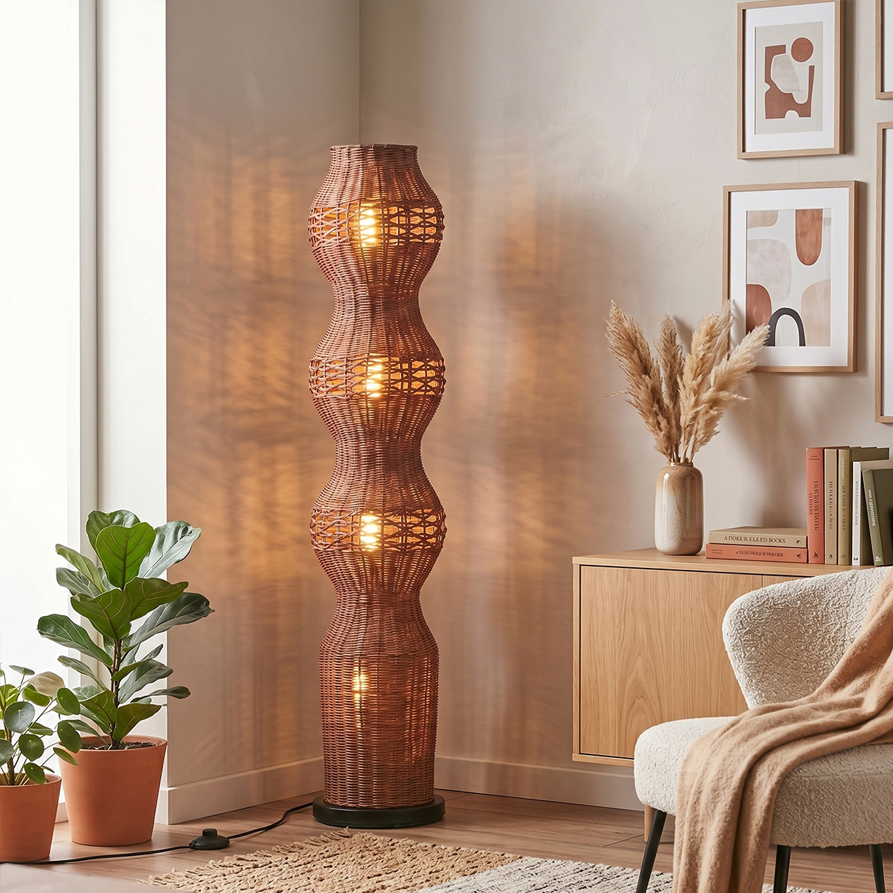 Große Weiden-Stehlampe mit mehreren Glühbirnen, neben Pflanzen und einem Stuhl.